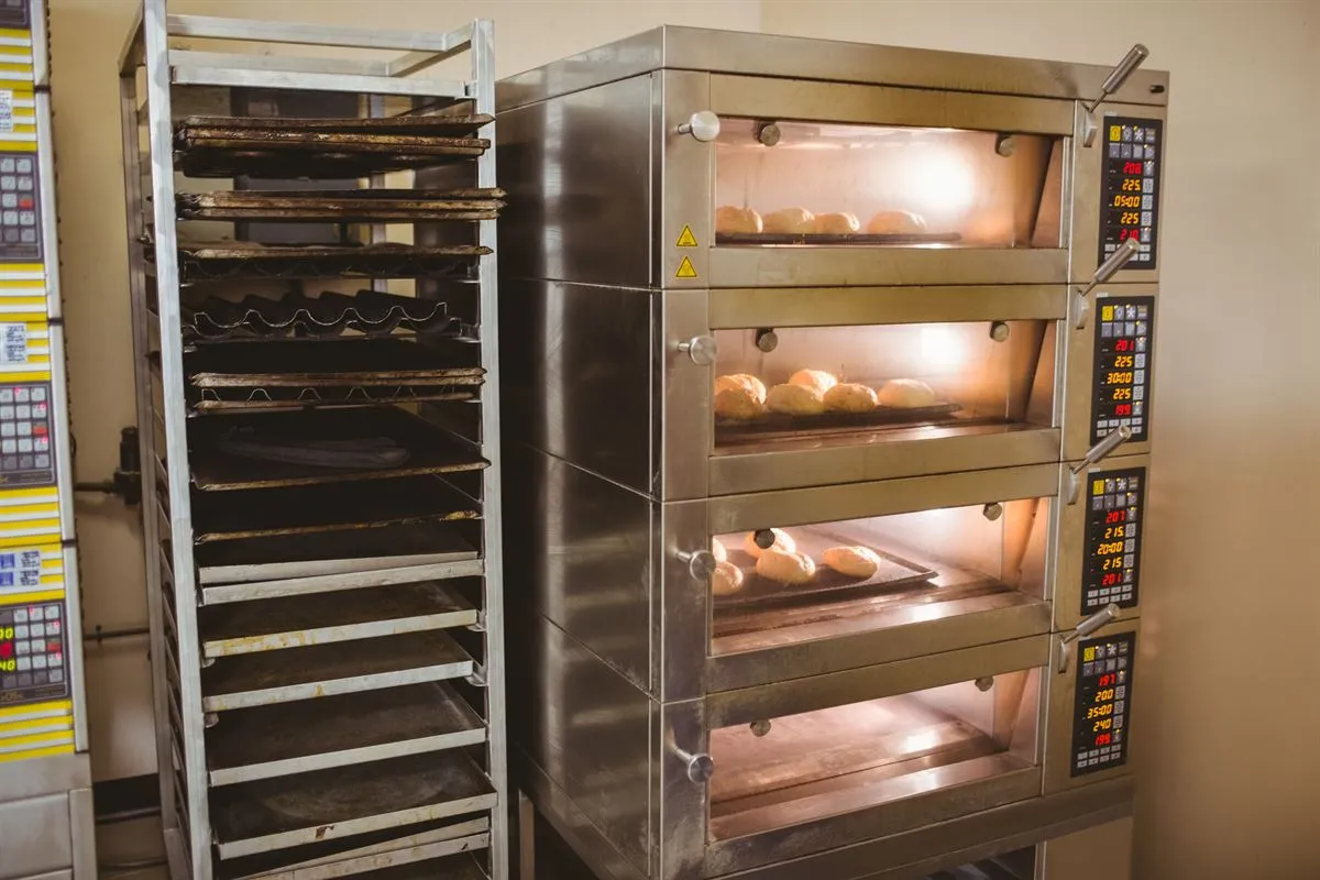 Commercial bakery ovens with bread baking